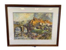 WALTER JAMES ROBERTS ENGLISH BORN ARTIST 1974 ACRYLIC ON PAPER OF ELVET BRIDGE IN DURHAM, ENGLAND
