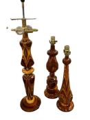 THREE MID-CENTURY HAND TURNED WOOD TABLE LAMPS MADE WITH MULTIPLE SPECIES OF WOOD