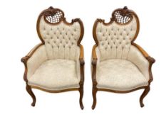 PAIR OF ANTIQUE VICTORIAN CARVED WOOD AND UPHOLSTERED BUTTON TUFTED ARMCHAIRS