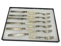 SANDERS FRARY & CLARK AETNA WORKS MOTER OF PEARL HANDLED FORKS AND KNIVES STERLING SILVER COLLARS
