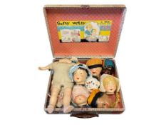 CIRCA 1920'S ANTIQUE COMPOSITE DOLL WITH SEVEN SCREW OFF / ON HEADS WITH BETSY WETSY DOLL CASE
