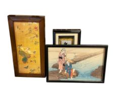 THREE PIECES OF ASIAN ART INCLUDING A JAPANESE WOODBLOCK PRINT, CHEN HONG SHOU PRINT, AND CALIGRA...