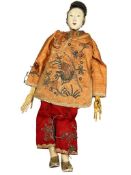 ANTIQUE CIRCA 1900'S CHINESE BEIJING OPERA DOLL WITH EMBROIDERED SILK CLOTHING