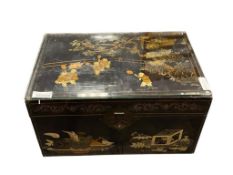 ANTIQUE CHINESE BLACK LACQUERED WOODEN CHEST WITH HAND PAINTED SCENES AND IMAGERY