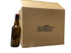 SEVEN NEW AMBER GLASS BOTTLES