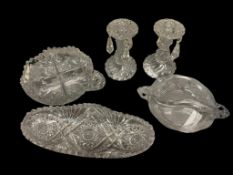 VINTAGE CUT AND PRESSED GLASS TABLEWARE INCLUDING VINTAGE FOSTORIA ETCHED GLASS DIVIDED RELISH DISH