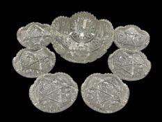 BRILLIANT PERIOD CUT CRYSTAL HOBSTAR PATTERN BOWL AND SIX BERRY / DESSERT BOWLS