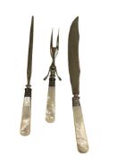 LANDERS FRARY & CLARK MOTHER OF PEARL AND STERLING SILVER COLLAR CUTLERY SET