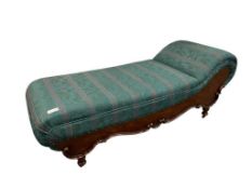 ANTIQUE VICTORIAN FAINTING COUCH FEATURING CARVED WOOD BASE AND DEEP GREEN UPHOLSTERY