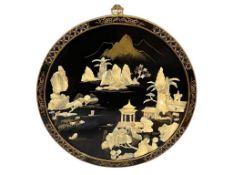 VINTAGE CHINESE LACQUERED WOOD ROUND PANEL WITH MOTHER OF PEARL LANDSCAPE / MOUNTAIN SCENE