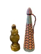 DECORATIVE DECANTERS, AMBER GLASS OWL FIGURAL DECANTER AND VINYL WRAPPED WICKER SPANISH DECANTER