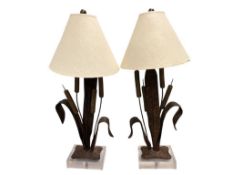 PAIR OF VINTAGE CHAPMAN STEEL AND BRASS CATTAIL LAMPS WITH LUCITE BASES