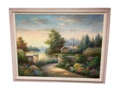 LARGE ORIGINAL ACRYLIC ON CANVAS COBBLESTONE COTTAGE