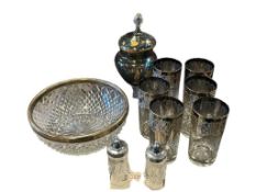 VINTAGE GLASSWARE INCLUDING SILVER DECORATED SMOKED GLASS DRINKING GLASSES, CANDY JAR, BOWL