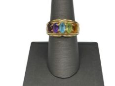 14K YELLOW GOL OVAL CUT MULTI-GEMSTONE FASHION RING FEATURING PERIDOT, AMETHYST, AND MORE