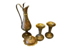 ENGRAVED BRASS MIDDLE EAST BUD VASES, COVERED BOWL AND EWER WITH FLORAL AND LEAF DESIGN