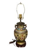 EARLY 20TH CENTURY JAPANESE CHAMPLEVE ENAMELED BRASS TABLE LAMP WITH WOOD BASE