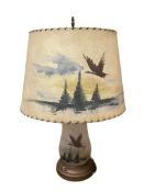 VINTAGE PAINTED FROSTED GLASS TABLE LAMP FEATURING WILDLIFE SCENE OF FLYING CANADA GOOSE