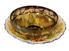 AMBER GILT DECORATED ROSE AND LEAF GLASS BOWL AND PORTUGAL HAND PAINTED BOWL