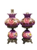 PAIR OF GONE WITH THE WIND LAMPS FEATURING PAINTED PURPLE SHADES WITH ROSES