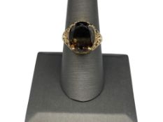 10K YELLOW GOLD OVAL CUT SMOKEY TOPAZ FILIGREE DESIGN RING