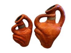 VINTAGE ITALIAN ARTISANAL ART LEATHER WRAPPED POTTERY DUAL HANDLED ABSTRACT VESSELS