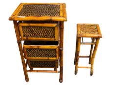 RATTAN BAMBOO THREE BIN SIDE TABLE AND SMALLER MATCHING SIDE TABLE / PLANT STAND