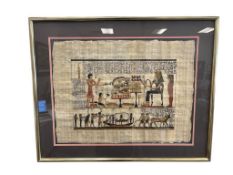 SIGNED EGYPTIAN PAPYRUS ART FEATURING ANCIENT EGYPTIAN FIGURES AND HIEROGLYPHS