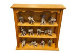 1993 LENOX DISCONTINUED ELEPHANT FIGURINE SET, SET OF 12 ELEPHANT FIGURES WITH DISPALY SHELF