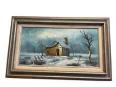 ORIGINAL OIL ON CANVAS PAINTING OF WINTER FARM LANDSCAPE FEATURING BARN IN CENTER