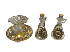 GILT DECORATED GLASSWARE, RUFFLED RIM VASE AND CRUETS