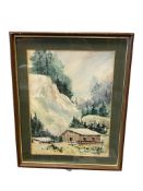 HAN BOMSKOW ALIFORNIA LISTED ARTIST ORIGINAL WATERCOLOR ON PAPER OF OLD CABIN