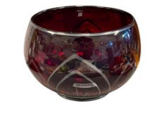 MID-CENTURY PIGEON BLOOD RED GLASS FOOTED BOWL WITH STERLING SILVER LEAF DESIGN