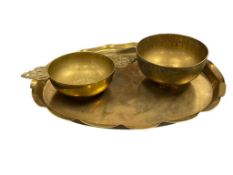 VINTAGE BRASSWARE INCLUDING ENGLISH TASTING, ISLAMIC BOWL, AND SCALLOPED EDGE TRAY