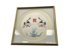 DECORATIVE CHINESE EMBROIDERED SILK TEXTILE OF TWO CRANES WITH DOUBLE HAPPINESS CHARACTER