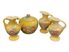 SET OF FOUR VINTAGE HULL U.S.A. POTTERY TABLEWARE PIECES INCLUDING EWERS, VASE, AND BISCUIT JAR