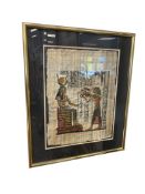 SIGNED EGYPTIAN PAPYRUS ART FEATURING ANCIENT EGYPTIAN FIGURES AND HIEROGLYPHS