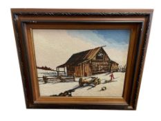 VINTAGE CROSS-STITCHED WINTER COUNTRYSIDE SCENE DEPICTING BARN AND RED WATER PUMP