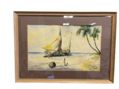 VINTAGE MID-CENTURY SIGNED BRAZILLIAN WATERCOLOR OF SAILBOATS ON THE BEACH