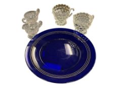 COLLECTIBLE VINTAGE GLASSWARE INCLUDING COBALT BLUE PLATE WITH GILT BANDS AND CREAMER AND SUGAR S...