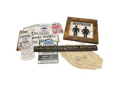 ELEVEN METAL AND WOOD STAMPED METAL HOME DECOR SIGNS