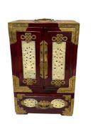 20TH CENTURY CHINESE LACQUERED WOOD JEWELRY ARMOIRE WITH BRASS OVERLAY AND STONE INLAY