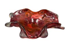 HAND BLOWN ART GLASS CRANBERRY AND CLEAR GLASS FREE FORM BOWL