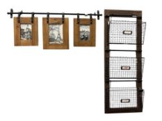 INDUSTRIAL METAL AND WOOD THREE PICTURE FRAME HOLDER AND METAL WIRE AND WOOD FILE SYSTEM