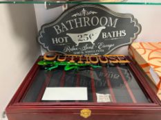 ASSORTED COLLECTIBLES FEATURING WOOD AND GLASS DISPLAY CASE AND VARIOUS METAL WALL ART