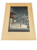 TSUCHIYA KOITSY JAPANESE WOODBLOCK TITLED SNOW AT NEZU SHRINE