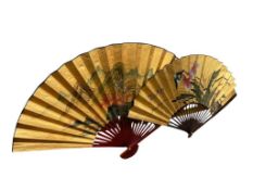 TWO VINTAGE LARGE HAND PAINTED GOLD CHINESE PAPER FANS