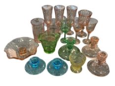 17 PIECES TOTAL OF 20TH CENTURY DEPRESSION GLASS GREEN, PINK, YELLOW, AND AQUA GLASS