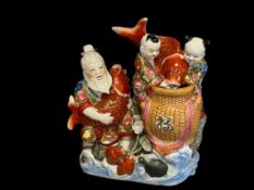 VINTAGE CHINESE PORCELAIN SCULPTURE OF TONG ZI LUCKY CHILDREN WITH KOI FISH AND BEARDED ELDER