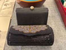 TWO ELEGANT EVENING CLUTCH BAGS WITH SHOULDER STRAPS, HAND BEADED PEACOCK PATTERN, SILKY FABRIC ONE